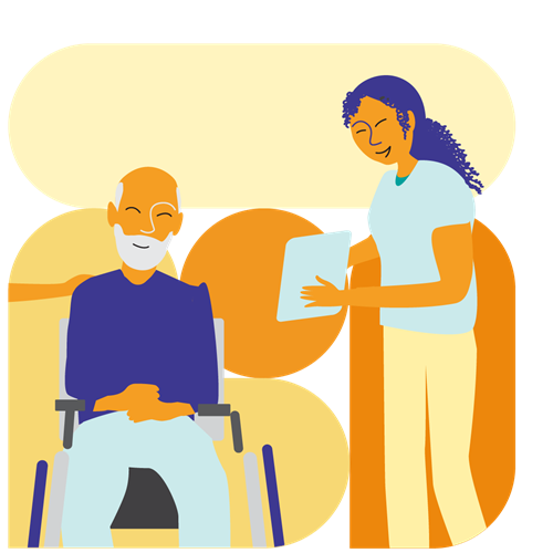 Illustration représentant une personne debout qui montre une tablette à une personne assise dans un fauteuil roulant.