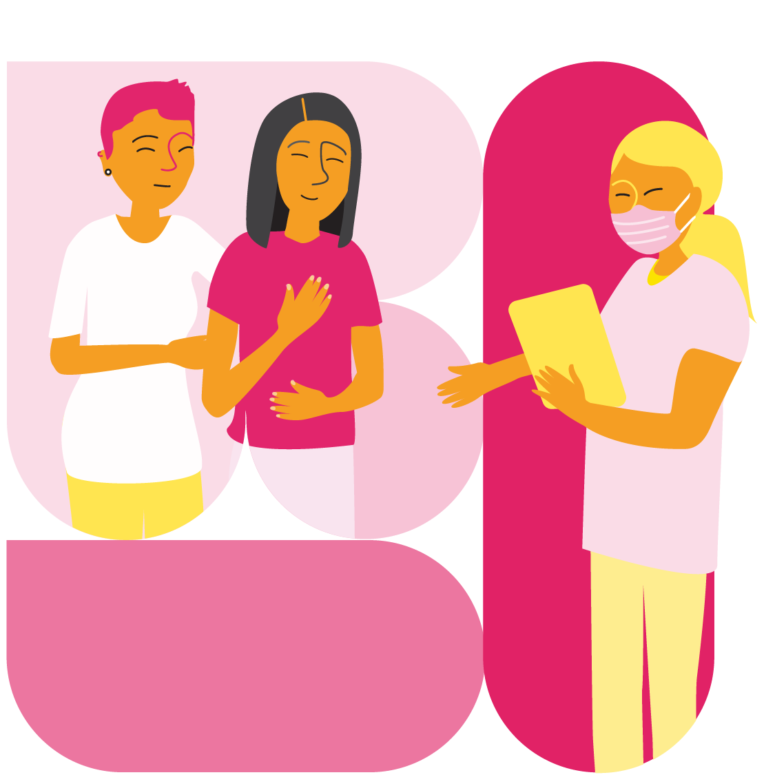 Illustration représentant trois personnes. Une prestataire de soins portant un masque et munie d’une tablette se tient dans l’embrasure d’une porte. Elle fait face à deux personnes : la première a la main sur le bras de l’autre, et la seconde a la main sur le cœur en signe de gratitude.