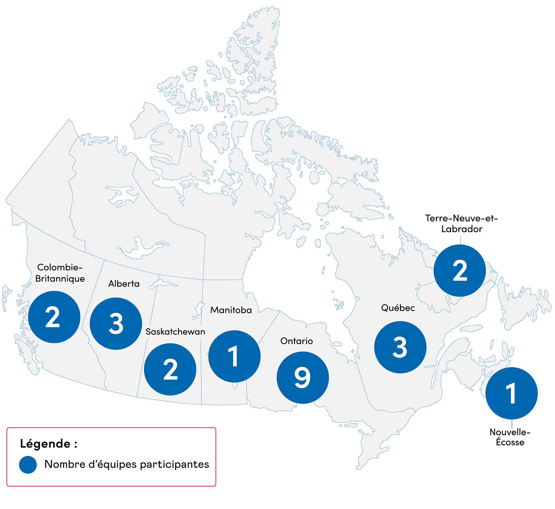 Carte du Canada de couleur grise indiquant pour chaque province le nombre d’équipes participant au projet collaboratif Améliorer l’équité dans l’accès aux soins palliatifs.