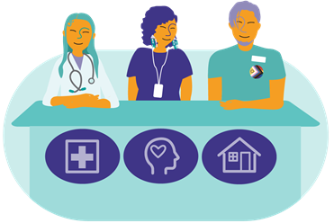 Illustration représentant trois prestataires de soins assis à une table. En dessous de la table apparaissent trois bulles contenant respectivement une croix médicale, le contour d’une tête avec un cœur et une maison, pour symboliser les soins intégrés en équipe.