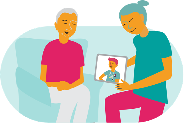 Illustration of a kneeling healthcare provider holding a tablet for an individual sitting in a chair. The tablet is for a virtual healthcare visit with another healthcare provider.