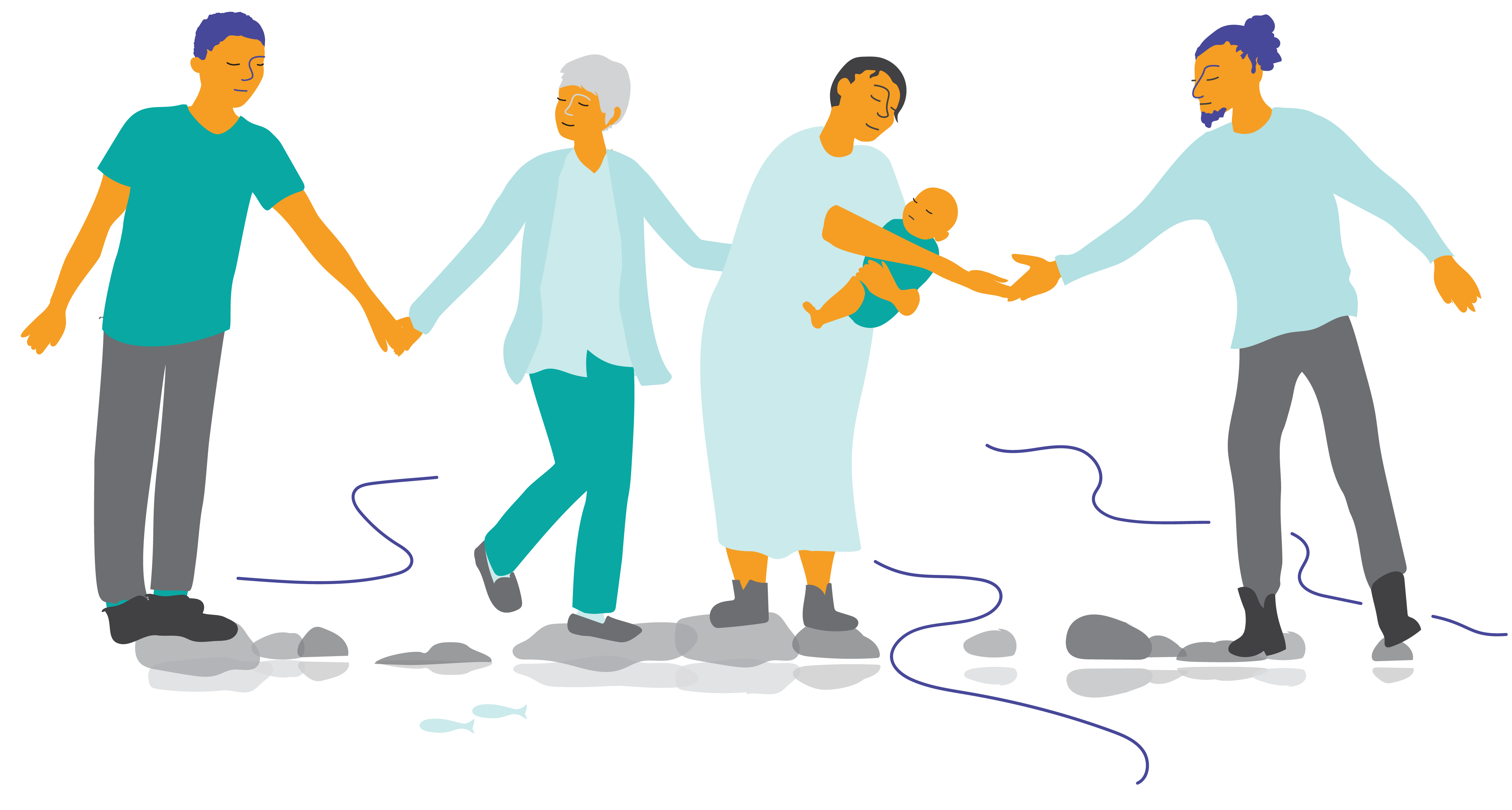 Illustration de quatre personnes qui avancent sur des pierres dans l’eau. L’une d’elles porte un bébé. Elles se tiennent la main pour s’aider.