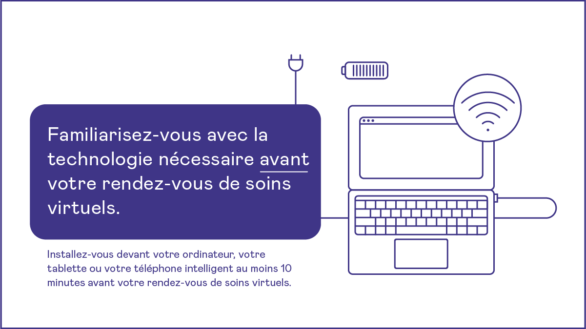 Familiarisez-vous avec la technologie nécessaire avant votre rendez-vous de soins virtuels.  Installez-vous devant votre ordinateur, votre tablette ou votre téléphone intelligent au moins 10 minutes avant votre rendez-vous de soins virtuels.