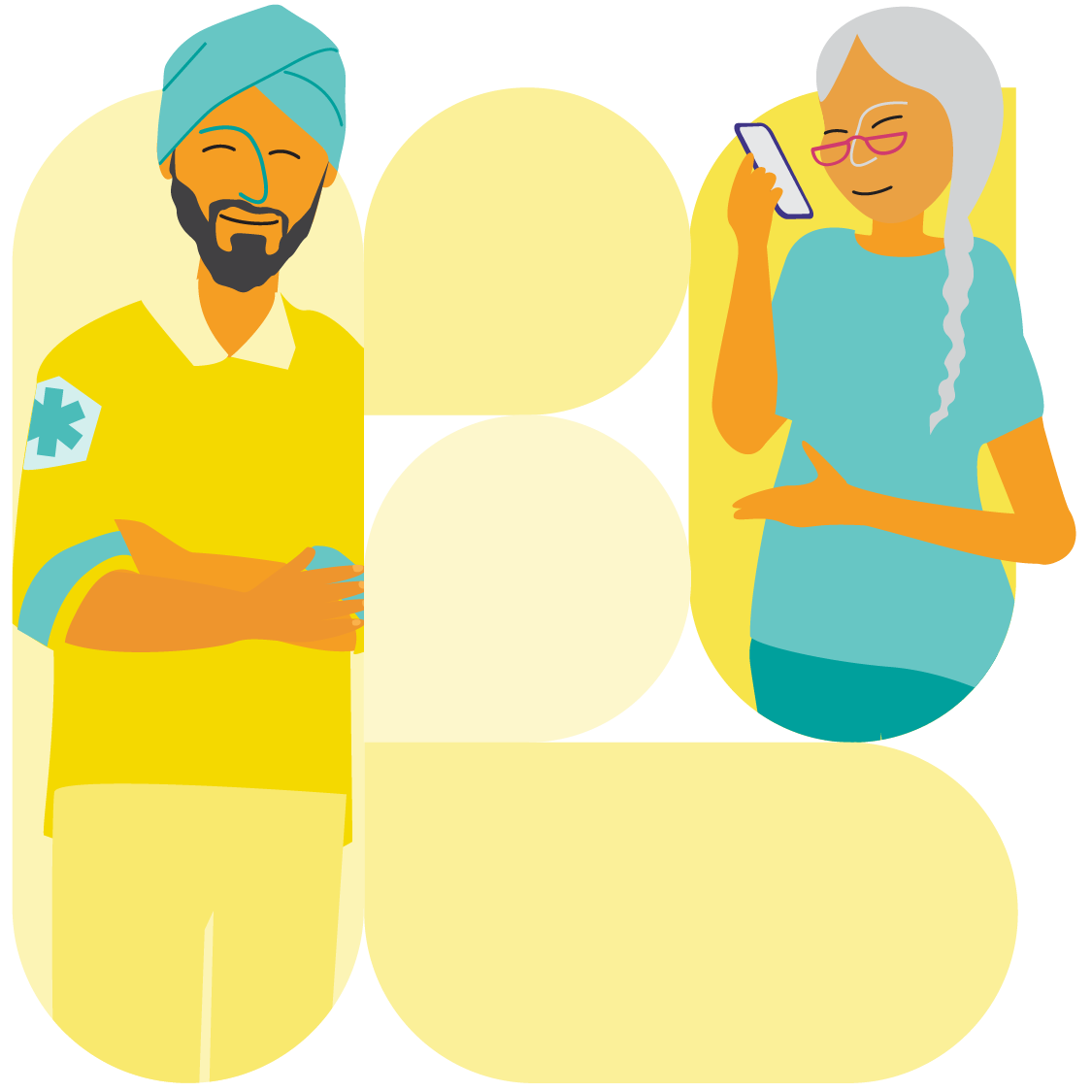 Illustration représentant une personne munie d’une tablette qui consulte virtuellement un prestataire de soins. Un autre prestataire de soins se tient à proximité.