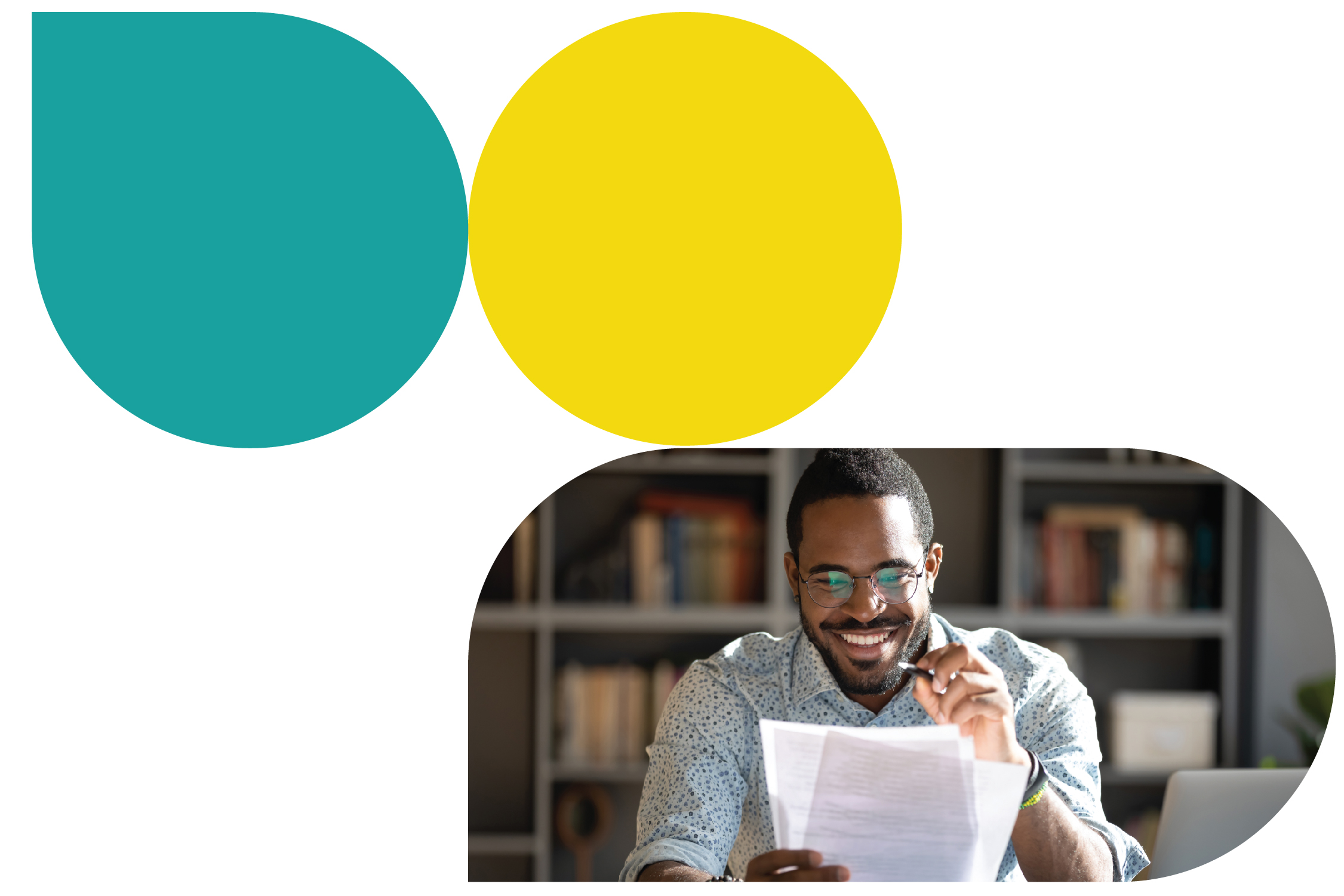 Image of a mid-career black man dressed in a white button up shirt looking at multiple documents and smiling.