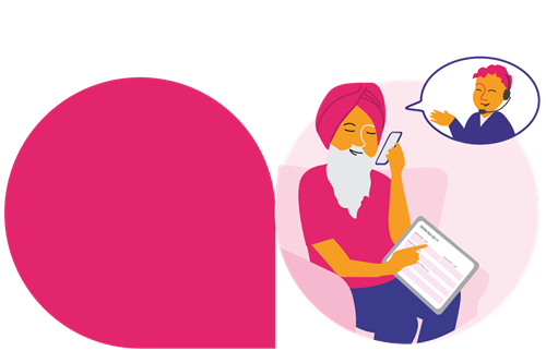 Illustration représentant une personne assise dans un fauteuil, un doigt pointant vers le texte d’une tablette et l’autre main tenant un téléphone portable. À sa droite figure une bulle qui contient une personne avec des écouteurs et un micro.